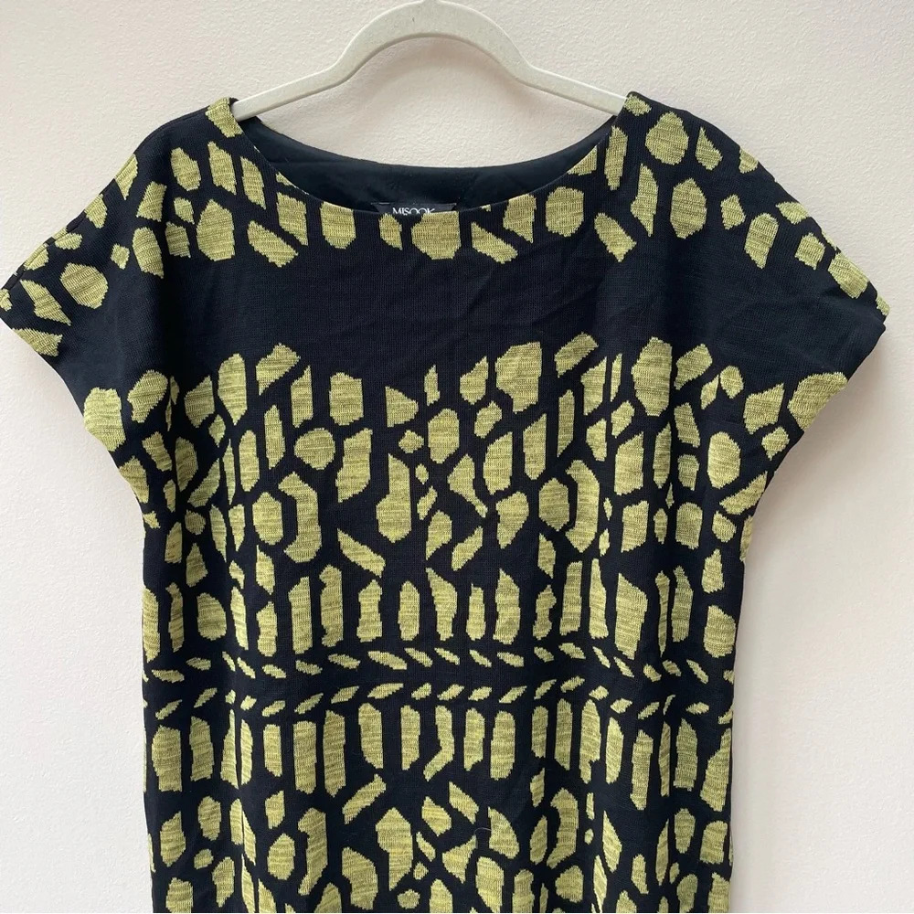 Misook Black Yellow Green Spotted Pattern Toula Cap Sleeve Graphic Dress Size L - Picture 4 of 7